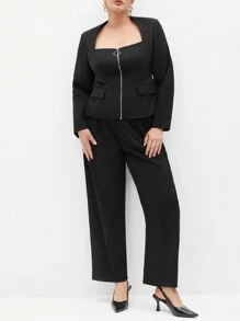 BizChic Conjunto De Top De Manga Larga Con Cremallera Frontal Y Pantalones De Talla Grande - Negro - Ver 10