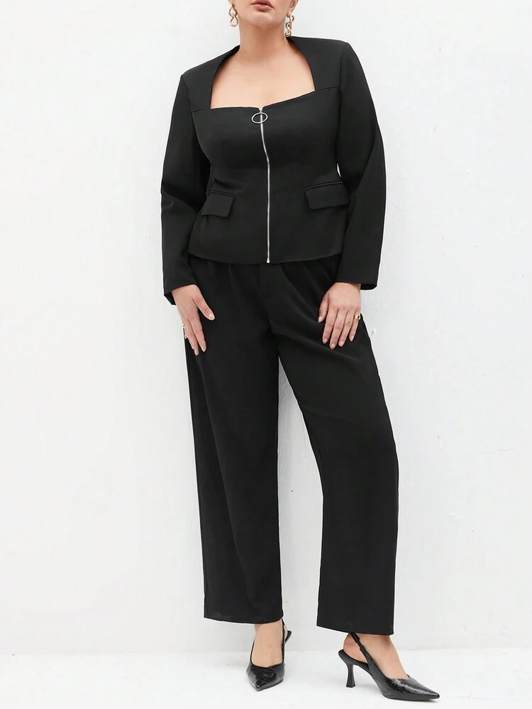 Plus Size Zipper Front Long Sleeve Top And Pants Set