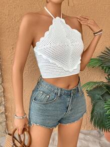 SHEIN VCAY Áo len dệt kim dáng ôm dáng ôm màu trơn cho nữ cho kỳ nghỉ hè - trắng - Xem 7