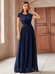 MIUSOL Elegant Women's Sequin Floral Lace Contrast Chiffon Maxi Dress With Pleated Hem,  Perfect For Easter, Mother Day, Evening Party, Wedding Guest, Anniversary Balls - Màu xanh hải quân - Xem 4