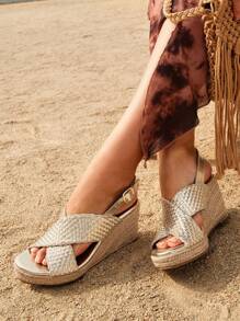 Styleloop Women's Fashionable Metal Braided Resort Rope Cross Design Sandals - Gold - View 4