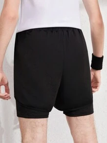 Teen Boy Smiling Face Print Sports Shorts Set, Two Pieces Look - Black - View 2