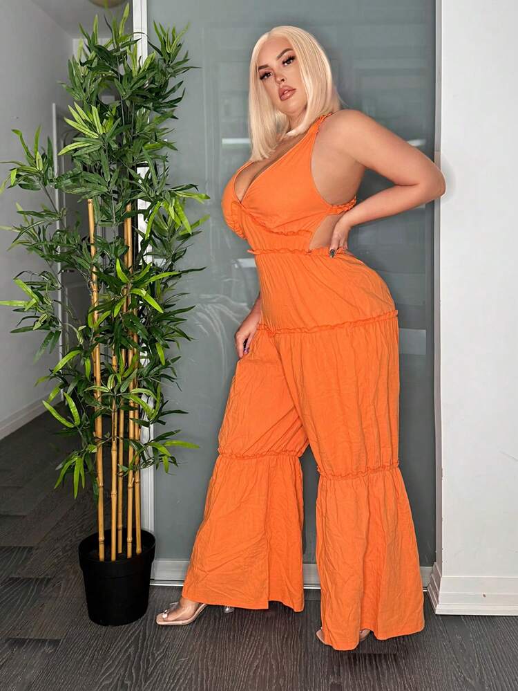 Plus Size Deep V-Neck Crossed Backless Jumpsuit With Decorative Frill Edge For Vacation