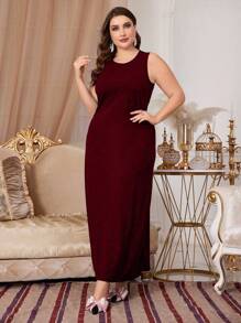 Modelyn Conjunto de 2 piezas de chaqueta con abertura frontal y mangas largas con aplicaciones de encaje en color rojo burdeos y vestido sin mangas, elegante, para tallas grandes, para primavera y otoño