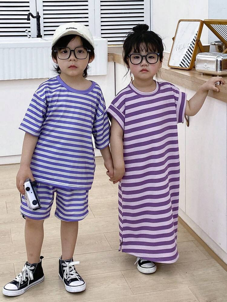 2pcs/Set YoungBoy Striped Print Round Neck Short Sleeve T-Shirt And Shorts, Comfortable Breathable Casual Suitable For Outdoor, Sports, Summer