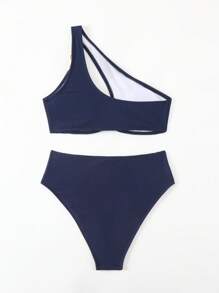 Swim Vcay Asymmetrical Neckline Bikini Set With Metal Circle Decoration, Summer Beach Swimwear - Navy Blue - View 4