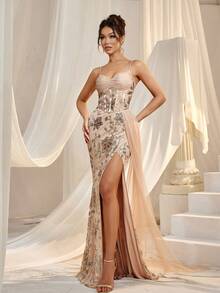 Faeriesty Ruched Bustier Floral Sequins Split Hem Cami Formal Dress - Champagne - View 5