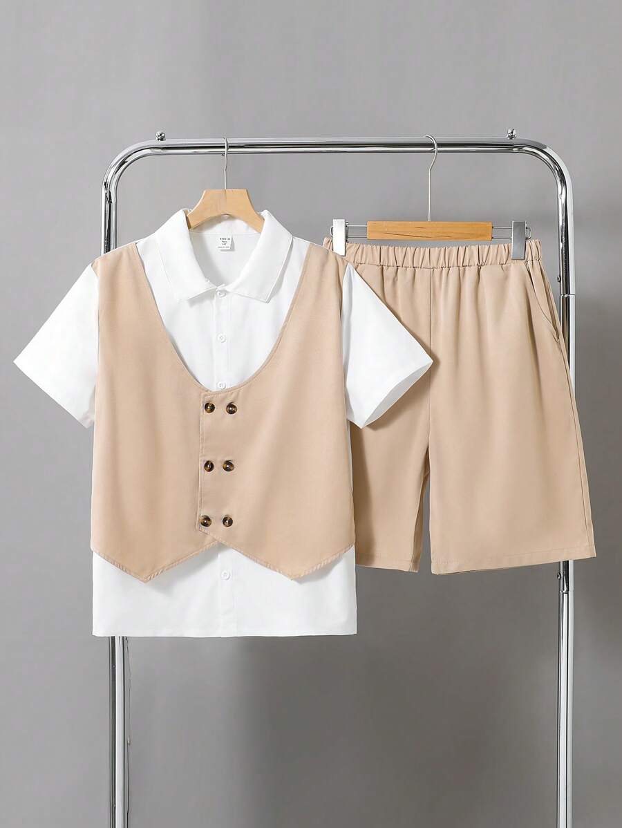 Teen Boy 2 In 1 Color Block Short Sleeve Casual Shirt And Shorts Gentleman Weave Outfit - Multicolor - View 1