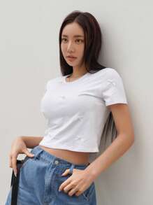 DAZY 极简主义性感丰满蝴蝶结T恤，女式短款上衣