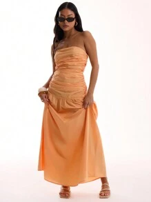 MUSERA 编织褶皱上衣低腰长款连衣裙 春季浪漫夏季度假长裙 优雅毕业舞会礼服 - 橘色 - 查看 2