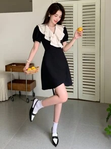 DAZY Women Fashionable And Elegant Short Dress With Ruffle Hemline Sundress - Black - View 2