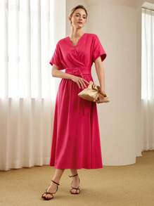 MOTF PREMIUM SOLID SURPLICE NECK BATWING SLEEVE BUCKLE BELTED DRESS
