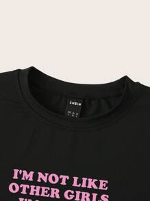 SHEIN EZwear 女士简约印花短款修身 T 恤我和其他女孩不一样我更糟糕 - 黑色 - 查看 3
