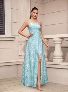 SHEIN Belle Espectacular y elegante vestido de noche para mujer en tela turquesa-verde con cuentas, diseño de un solo hombro y abertura alta, presentando una amplia falda en línea A y una pequeña cola (Industria pesada) - Azul menta - Ver 4