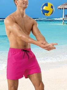 Manfinity Nam màu trơn Đơn giản Quần short đi biển - Màu Hồng Tươi - Xem 6