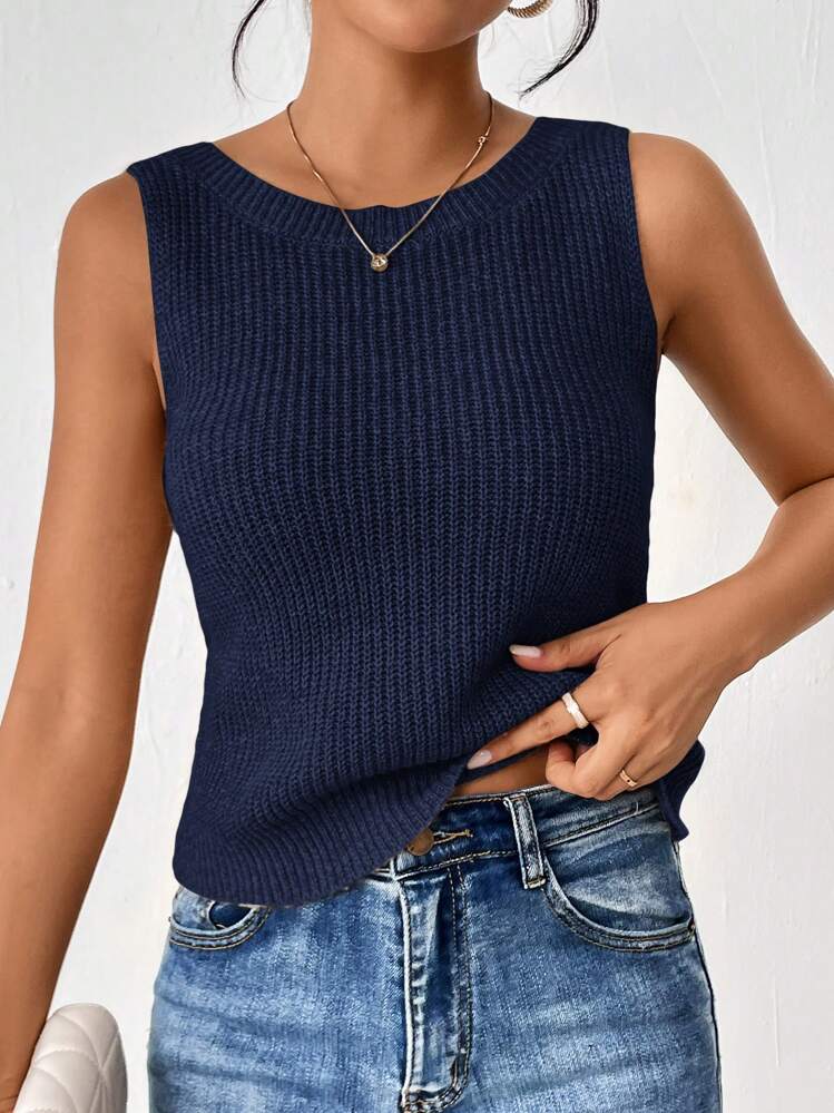 SHEIN Frenchy 女士純色扭結針織無袖毛衣背心，日常穿搭休閒百搭 - 寶藍色 - 查看 2