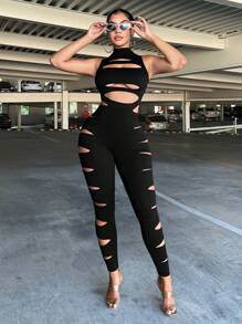 SHEIN SXY Women Hollow Out Black Round Neck Sleeveless Jumpsuit - Black - View 5