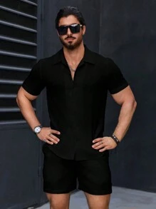 Manfinity Homme 男士純色鈕扣前短袖襯衫與短褲休閒兩件套，適合夏季，正式場合 - 黑色 - 查看 5