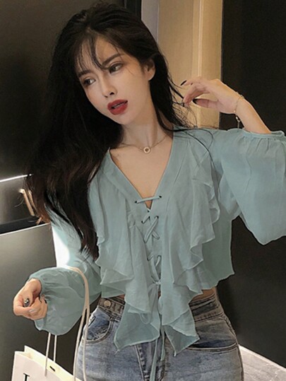 DAZY Camisa de mujer de unicolor con volantes en el escote en V, de tirantes cortos y manga larga, para el verano