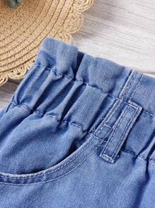 SHEIN 青少年女孩破洞紙袋腰卷邊牛仔短褲 - 淺色水洗藍 - 查看 4