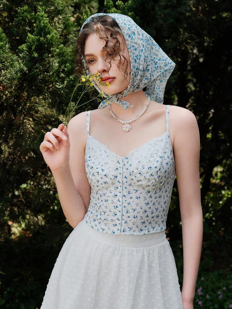 Blue Floral Print Lace Splice Bustier Style Camisole Top For Summer Holidays