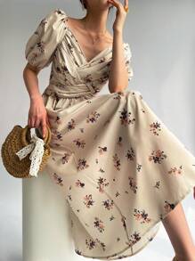 Firerie Women Elegant Holiday Long Dress With Crossed Bubble Sleeves For The Chest - Khaki - View 6
