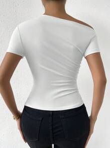 EMERY ROSE Women's Fashion Solid Color Asymmetrical Neck Short Sleeve T-Shirt - White - View 2