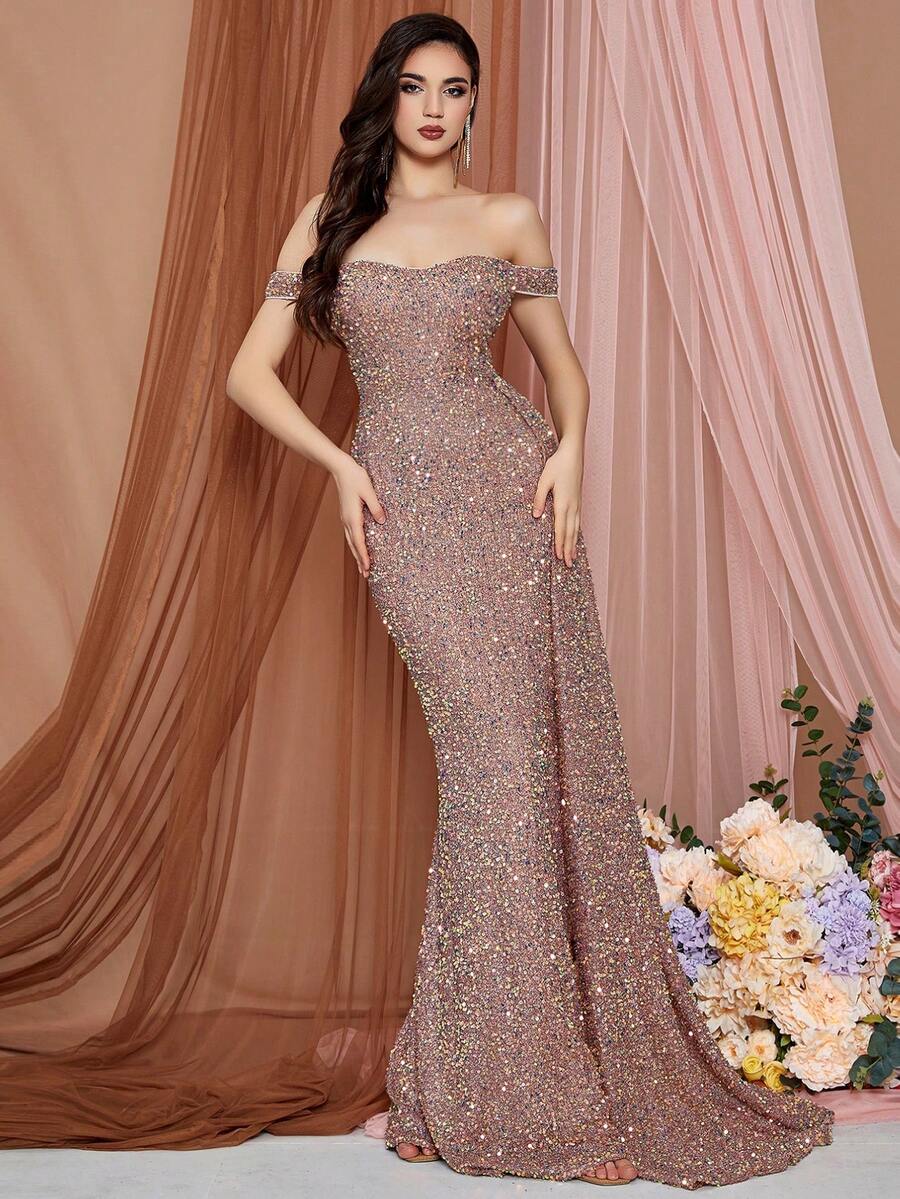 LOVE&LEMONADE Off-shoulder Drape Detail Sparkly Dress - Apricot - View 1