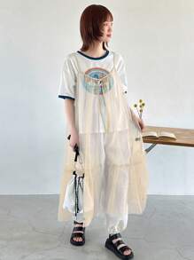 FRIFUL Ladies Solid Color Semi-Transparent Sheer Spaghetti Strap Dress Sundress - Apricot - View 1