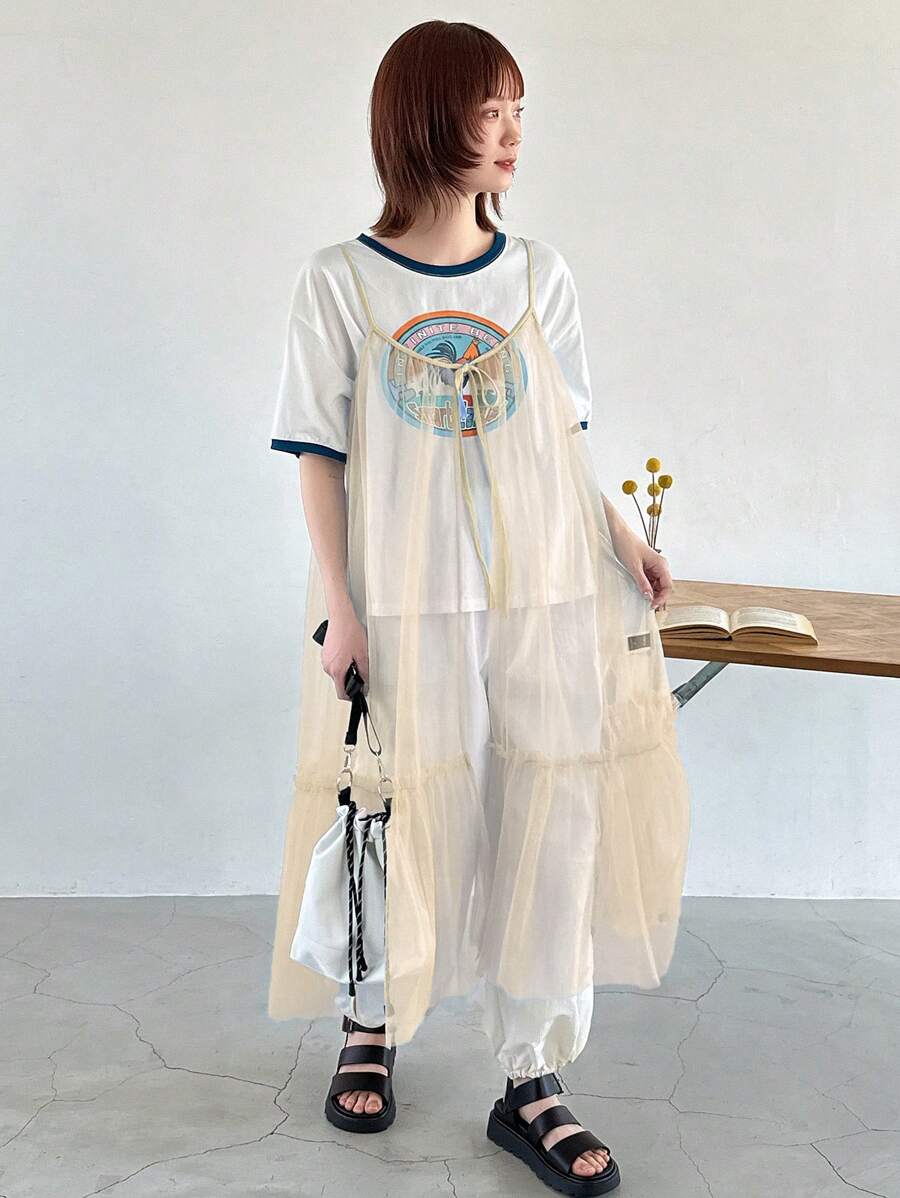 FRIFUL Ladies Solid Color Semi-Transparent Sheer Spaghetti Strap Dress Sundress - Apricot - View 1