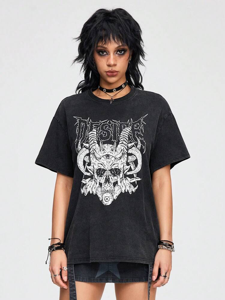 Women Loose Fit Short-Sleeved T-Shirt With Snowflake Art Joint Skull Pattern