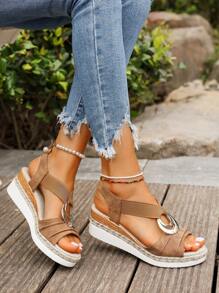 Women's Elastic Sandals, New Summer Platform Wedge Heels, Straw Woven Lightweight Soles, Vacation Style Versatile, Mesh Skirt Suitable, Brown Color, Open Toe Casual Sandals For Women - Brown - View 5