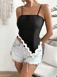 SHEIN VCAY Summer Asymmetrical Hem Spaghetti Straps Contrast Lace Black Tank Top - Black - View 4