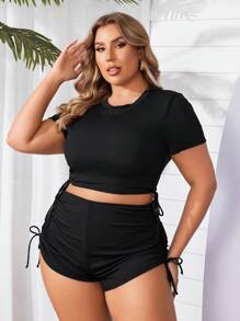 Swim SPRTY Plus Size Women Summer Beach Fashion Solid Drawstring Side Tankini Set - Black - View 4