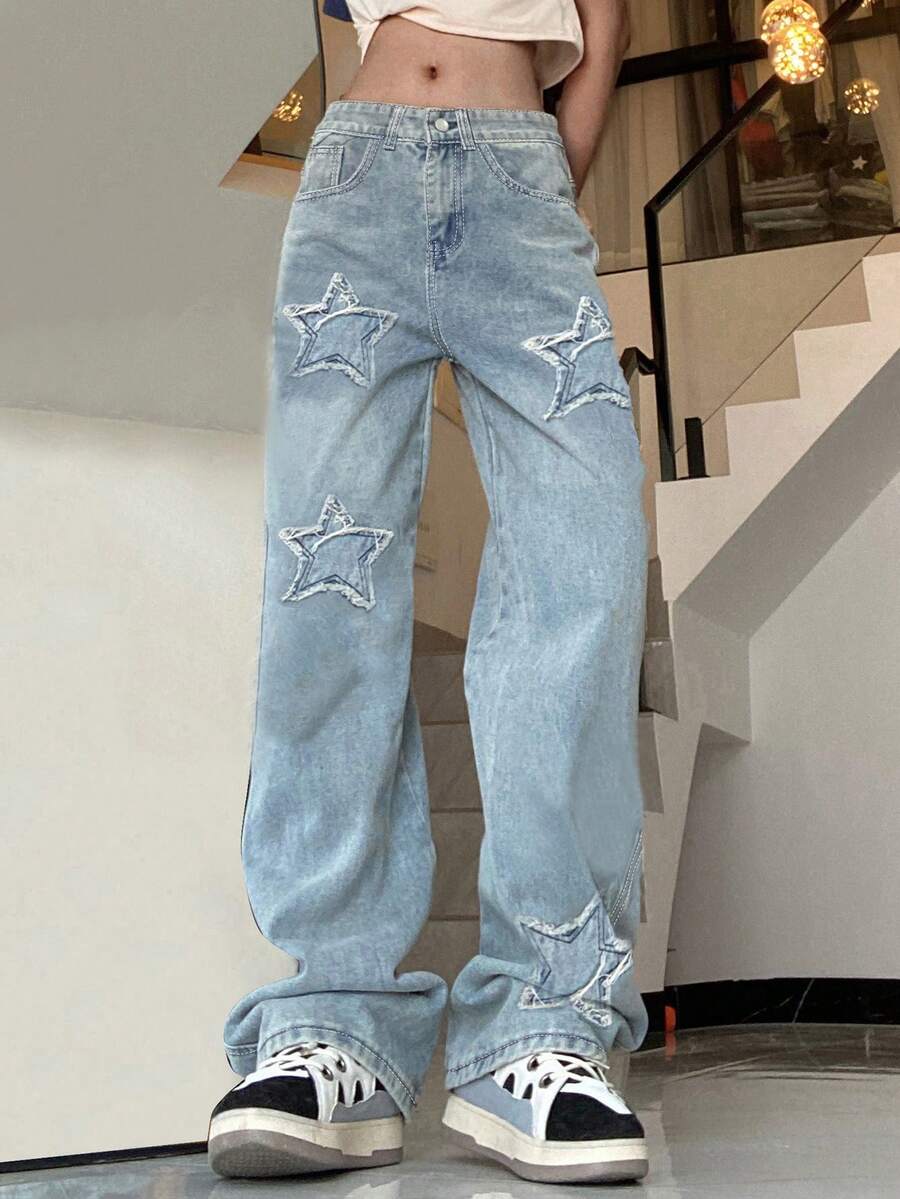 Calça Feminina Casual Estilo de Rua Vintage Lavagem Desgastada - Lavagem clara - Visão 1
