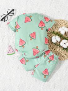 SHEIN Baby Boys' 2pcs Casual Watermelon Print Short Sleeve Bodysuit With Shorts Set, Home Clothes