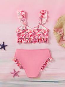 SHEIN X Care Bears 少女针织休闲卡通熊和几何图案荷叶边比基尼套装夏季海滩 - 粉色 - 查看 2