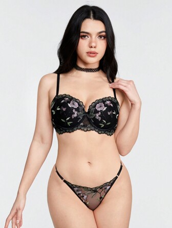 Fairycore Floral Embroidery Underwire Bra And Panty Set With Gathered And Scalloped Edges, Lingerie