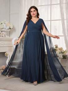 Plus Size Pleated Dress With Cloak Sleeves Chiffon Prom Dress