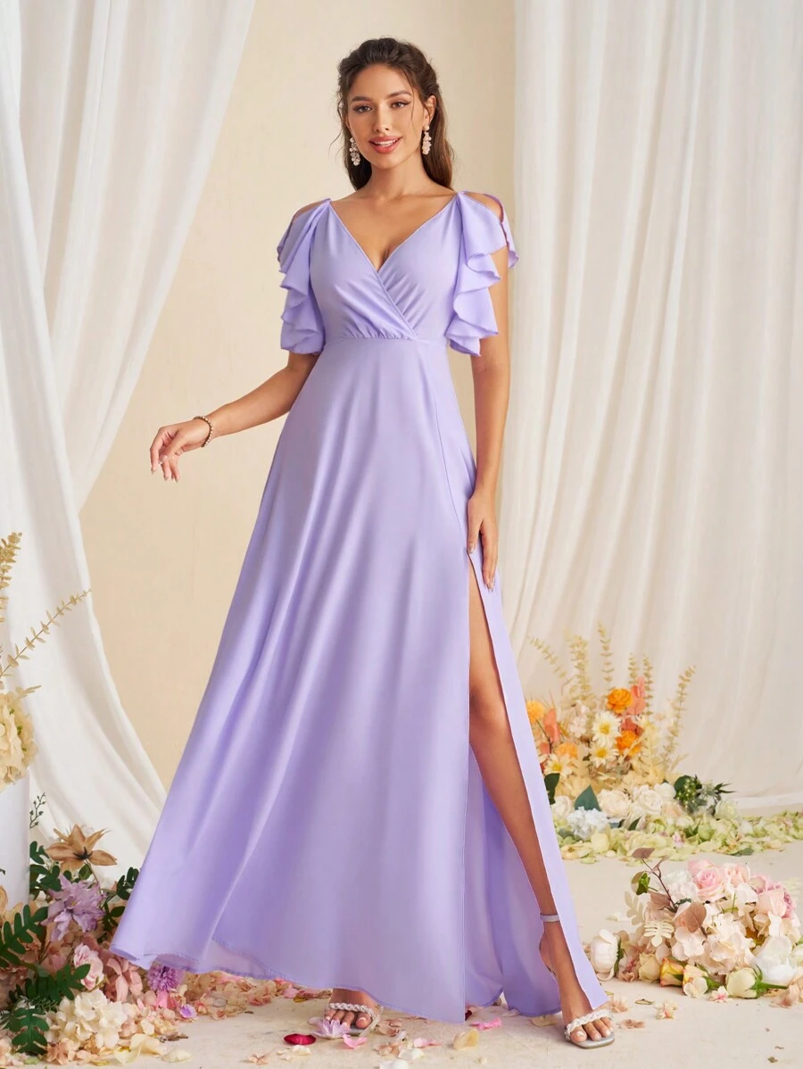 SHEIN Belle 女士时尚 V 领荷叶边开叉伴娘礼服 - 紫羅蘭色 - 查看 1