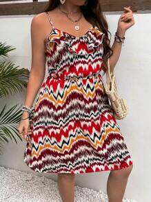 SHEIN VCAY 大尺碼假期風格背心連身裙，鬆緊收口荷葉邊設計 - 彩色 - 查看 3