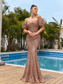 SHEIN Belle Hermoso vestido de sirena con brillantes para la noche, sin tirantes, con nudo retorcido en el busto, mangas de burbuja, con escote en el cuello.