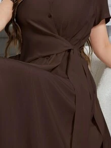 Mulvari Women Dresses Tombol Membungkus Plain Casual - Coffee Brown - View 4
