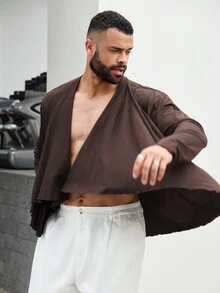 Manfinity Homme Men\ Plus Size Solid Color Wrap Asymmetric Hem Long Sleeve Casual Shirt - Coffee Brown - View 9