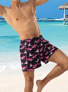Manfinity Shorts de playa con cordón de cintura, estampado gráfico de tiburón, para hombre, para vacaciones