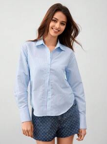 Forever 21 Áo Sơ Mi Tay Dài Thắt Eo Sọc Xanh Hồng - Nhiều màu - Xem 4