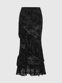 ROMWE Goth Mesh Flocked Rose Floral Pattern See-Through Sexy Women Skirt With Ruffle Hem Design, Mid-Length, And Bodycon Fit - Black - View 3