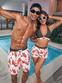 Manfinity Swimmode Men Tropical Print Drawstring Waist Summer Beach Shorts Swim Trunks With Slanted Pockets - Red - View 5