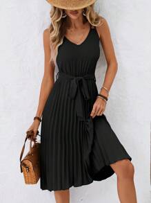 SHEIN Frenchy Ladies' Solid Color Pleated Hem Cami Wedding& Long Summer Dress Black Casual - Black - View 1