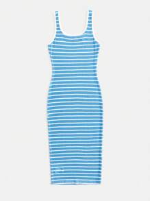 SHEIN VCAY Robe crayon pour femme à rayures bleues et blanches tricotée pour les vacances, près du corps et au-dessus du genou, avec un design classique - Bleu et Blanc - Voir 2